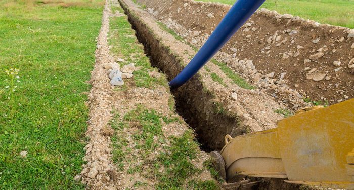 Water line in an open trench